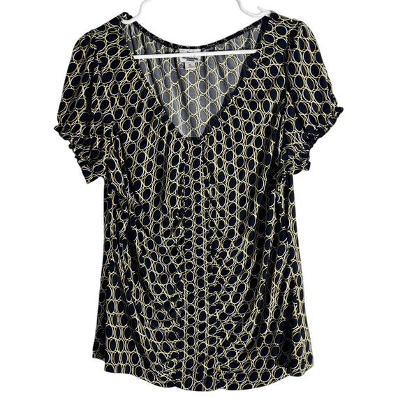 Worthington Stretch Black Yellow Geometric Ruched Blouse XL - Picture 1 of 6